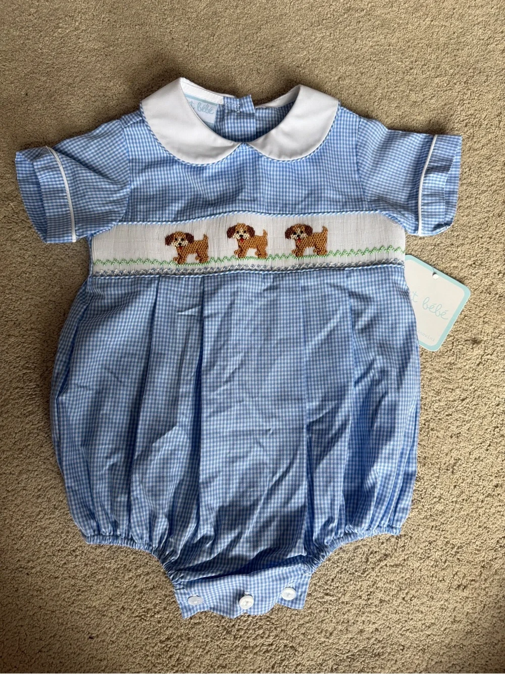 Blue Gingham Smocked Puppy Bubble Romper